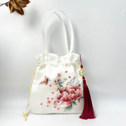 Buddha Stones Suzhou Embroidery Lotus Deer Epiphyllum Peony Rabbit Cotton Linen Tote Crossbody Bag Shoulder Bag Handbag