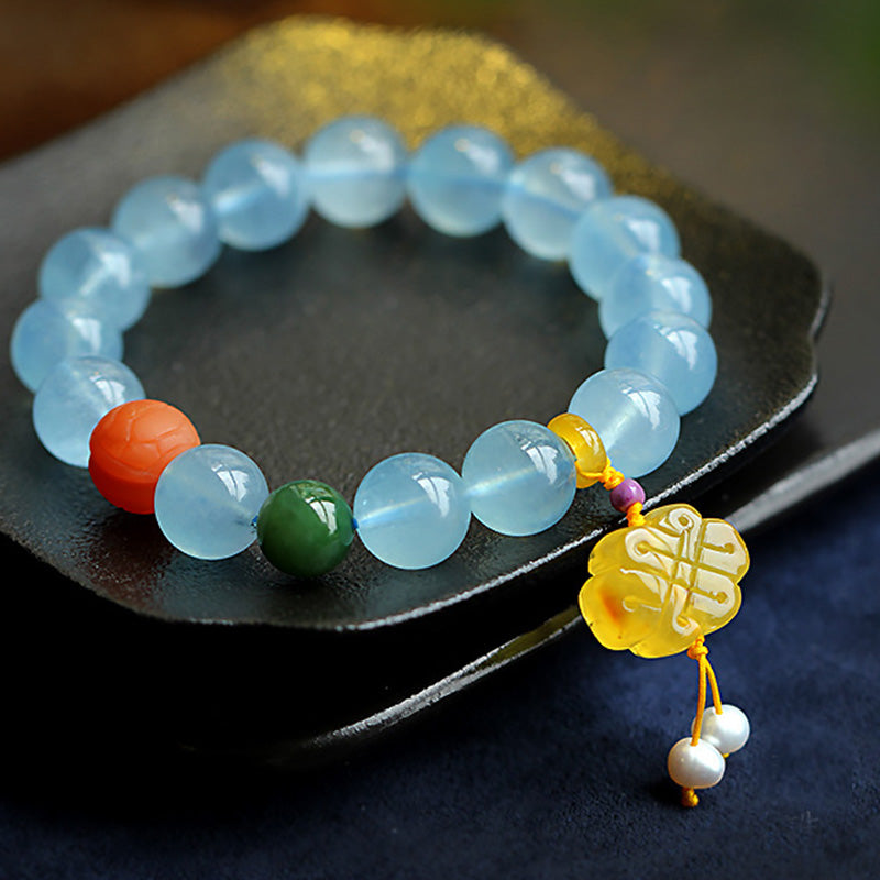 Buddha Stones Natural Aquamarine Amber Chinese Knotting Charm Peace Bracelet