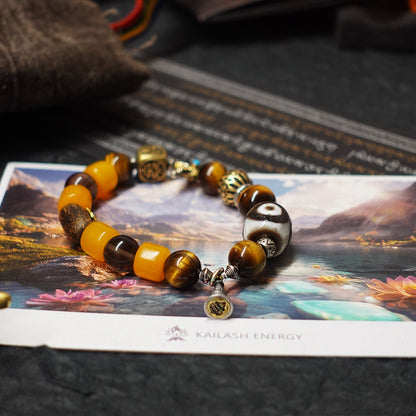 Protective Energy Three-Eyed Dzi Bead Bracelet Tibetan Vajra Silver Talisman