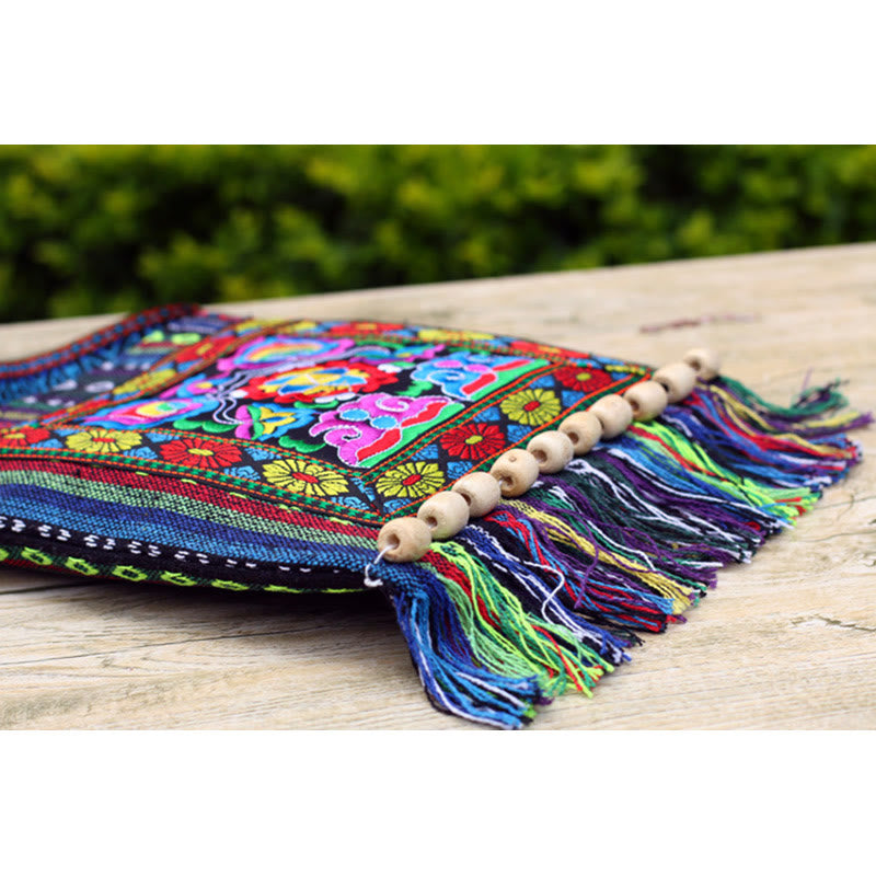 Buddha Stones Tibetan Handmade Embroidered Camellia Canvas Shoulder Bag Crossbody Bag