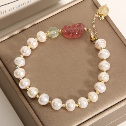 Buddha Stones Natural Pearl Strawberry Quartz PiXiu Optimism Charm Bracelet