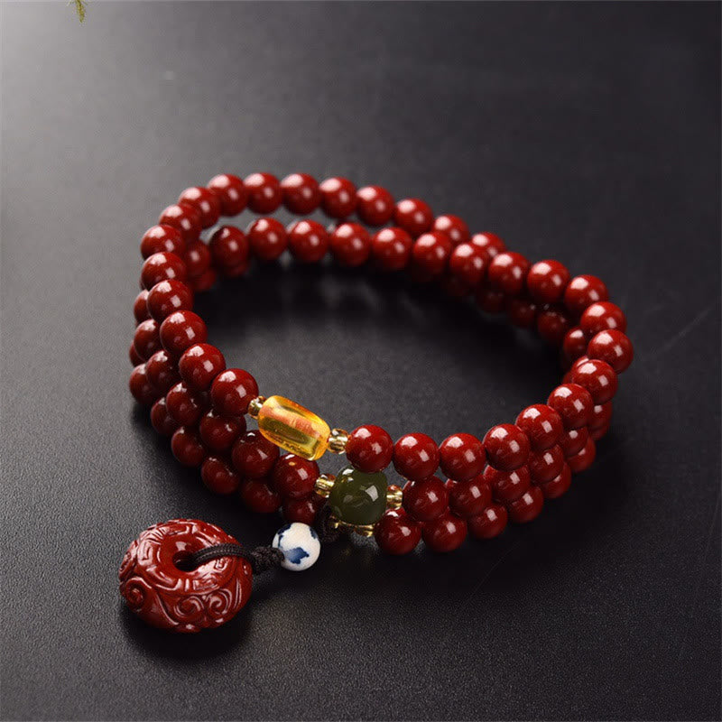 Buddha Stones Tibetan Cinnabar Peace Buckle Triple Wrap Blessing Bracelet Mala