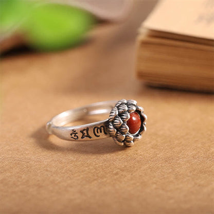 Buddha Stones925 Sterling Silver Lotus Red Agate Confidence Blessing Ring