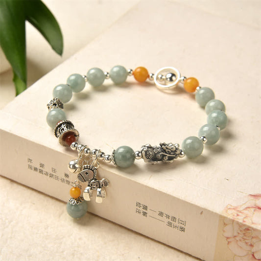 Buddha Stones 925 Sterling Silver Natural Jade Amber PiXiu Pony Success Bracelet