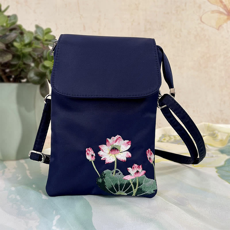 Buddha Stones Waterproof Handmade Embroidered Lotus Flowers Crossbody Bag Shoulder Bag Cellphone Bag