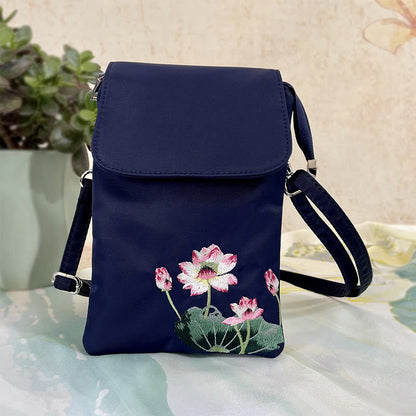 Buddha Stones Waterproof Handmade Embroidered Lotus Flowers Crossbody Bag Shoulder Bag Cellphone Bag