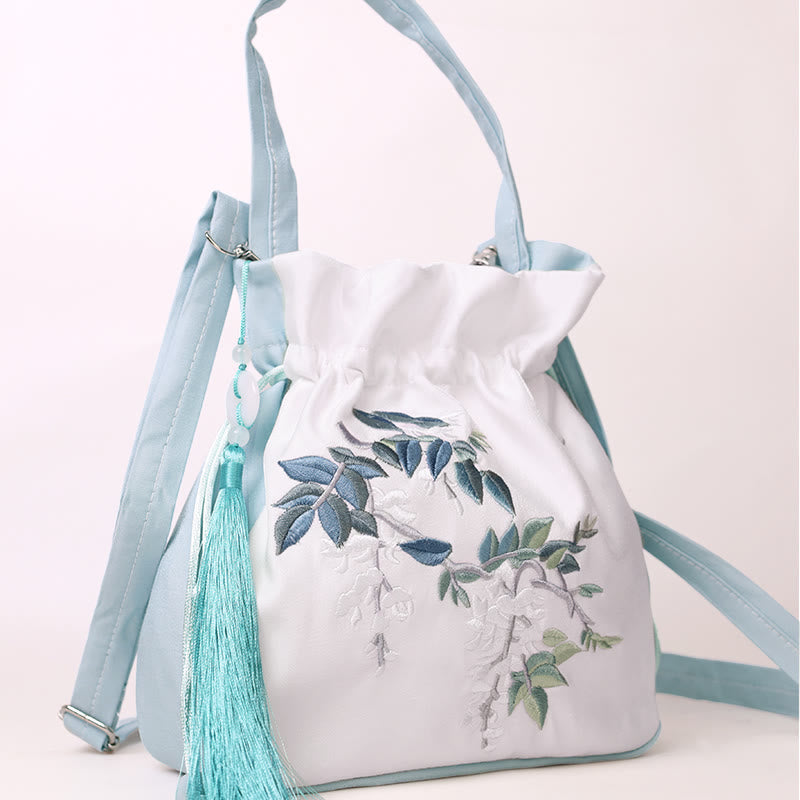 Buddha Stones Embroidered Flowers Wisteria Lily Cotton Linen Tote Crossbody Bag Shoulder Bag Handbag
