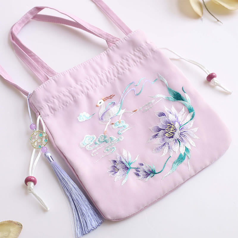 Buddha Stones Suzhou Embroidery Lotus Deer Epiphyllum Peony Rabbit Cotton Linen Tote Crossbody Bag Shoulder Bag Handbag