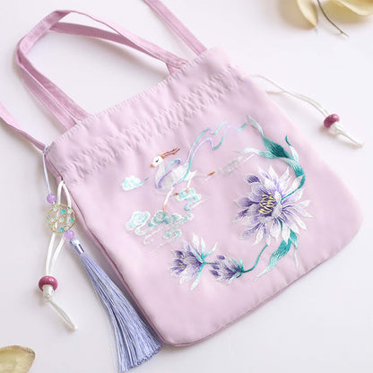 Buddha Stones Suzhou Embroidery Lotus Deer Epiphyllum Peony Rabbit Cotton Linen Tote Crossbody Bag Shoulder Bag Handbag