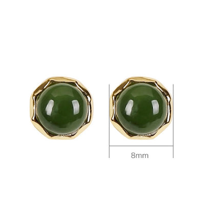 Buddha Stones 925 Sterling Silver Plated Gold Natural Hetian Cyan Jade Bead Luck Stud Earrings