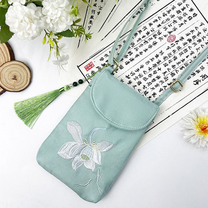 Buddha Stones Small Embroidered Flowers Crossbody Bag Shoulder Bag Double Layer Cellphone Bag
