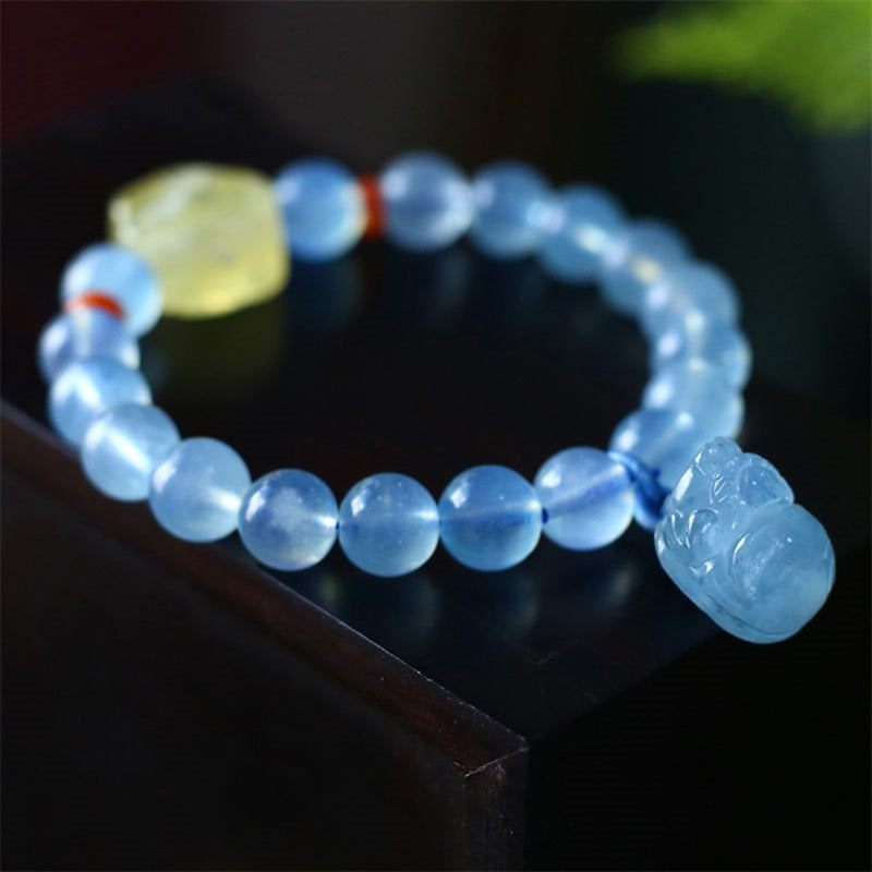 Buddha Stones Natural Aquamarine Amber Pixiu Peace Healing Charm Bracelet