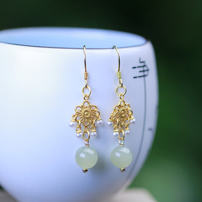 Buddha Stones Hetian Jade Flower Pattern 14K Gold Plated Luck Drop Dangle Earrings