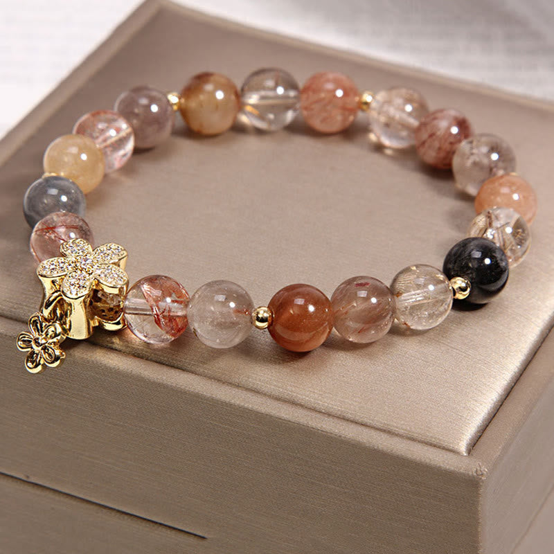 Buddha Stones Multicolored Rutilated Quartz Citrine Wealth Protection Flower Bracelet