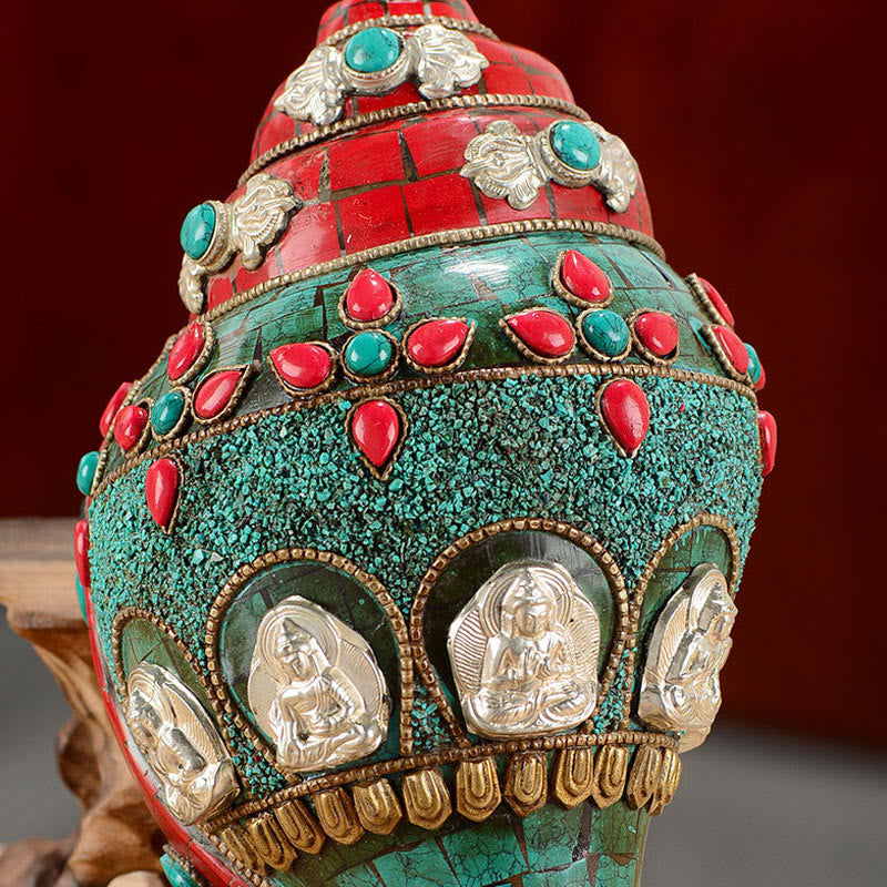 Buddha Stones Tibetan Handmade Shankha Om Mani Padme Hum Buddha Avalokitesvara Turquoise Conch Shell Positive Decoration