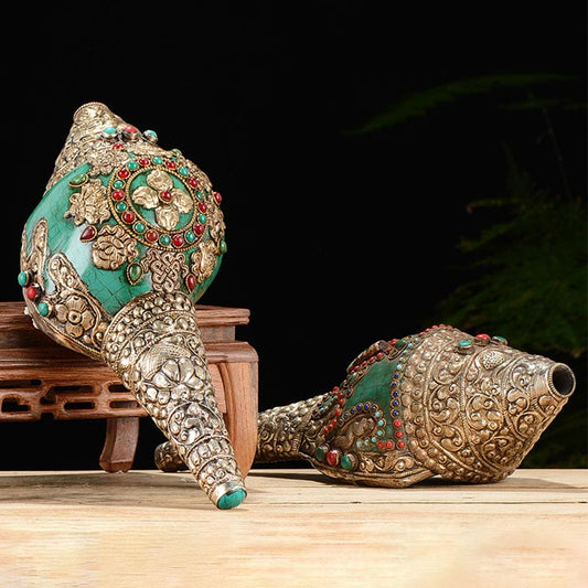Buddha Stones Tibetan Handmade Engraved Shankha Double Dorje Buddha Conch Shell Wealth Positive Decoration
