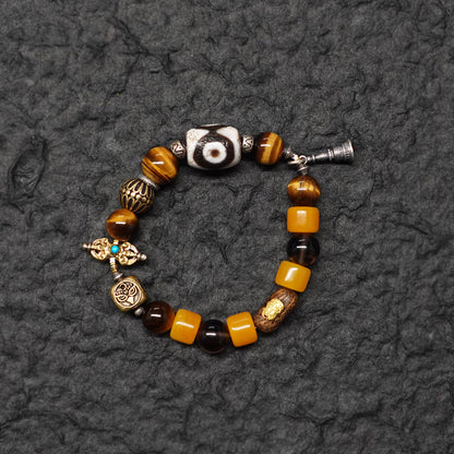 Protective Energy Three-Eyed Dzi Bead Bracelet Tibetan Vajra Silver Talisman