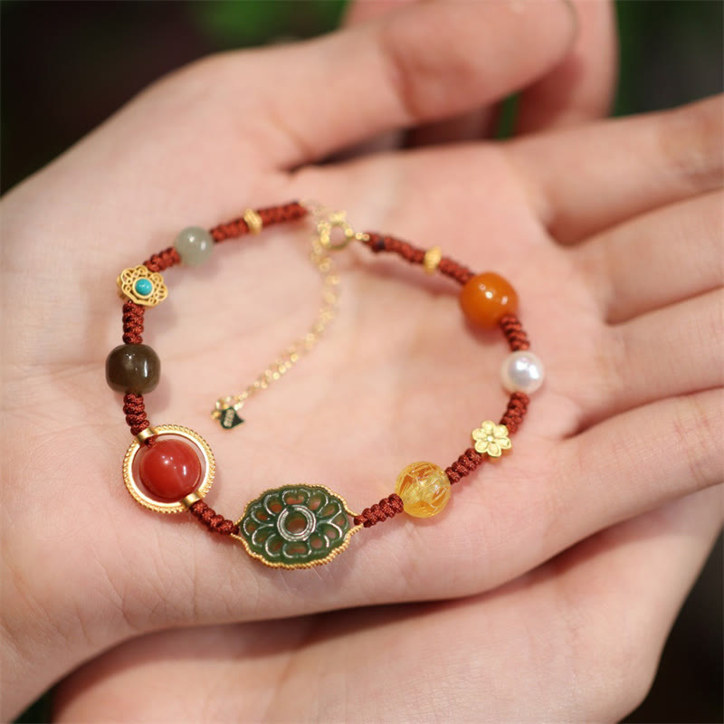 Buddha Stones 925 Sterling Silver Natural Hetian Jade Amber Red Agate Crystals Luck Bracelet