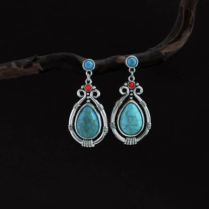 Buddha Stones Tibet Vintage Turquoise Waterdrop Strength Drop Dangle Earrings Clips