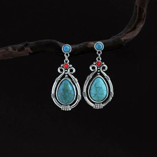 Buddha Stones Tibet Vintage Turquoise Waterdrop Strength Drop Dangle Earrings Clips