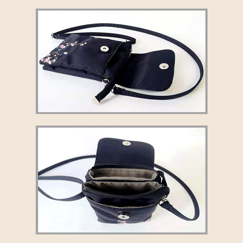 Buddha Stones Waterproof Handmade Embroidered Lotus Flowers Crossbody Bag Shoulder Bag Cellphone Bag