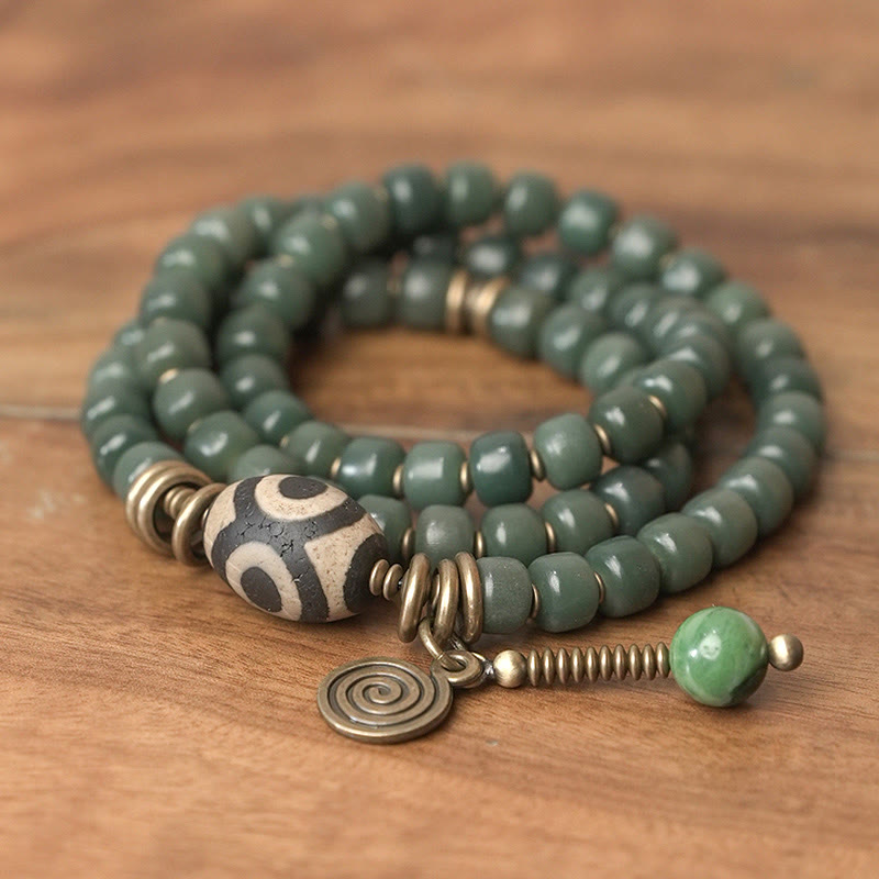 Buddha Stones Cyan Bodhi Seed Dzi Bead Wisdom Peace Triple Wrap Bracelet