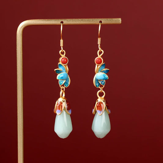Buddha Stones Magnolia Flower Jade Pattern Luck Prosperity Drop Dangle Earrings