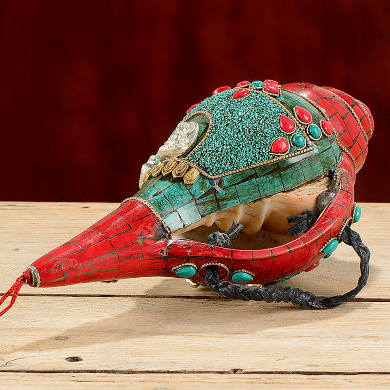 Buddha Stones Tibetan Handmade Shankha Om Mani Padme Hum Buddha Avalokitesvara Turquoise Conch Shell Positive Decoration