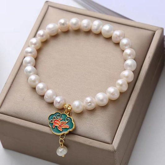 Buddha Stones Natural Pearl Lotus Koi Fish Goldfish Optimism Charm Bracelet