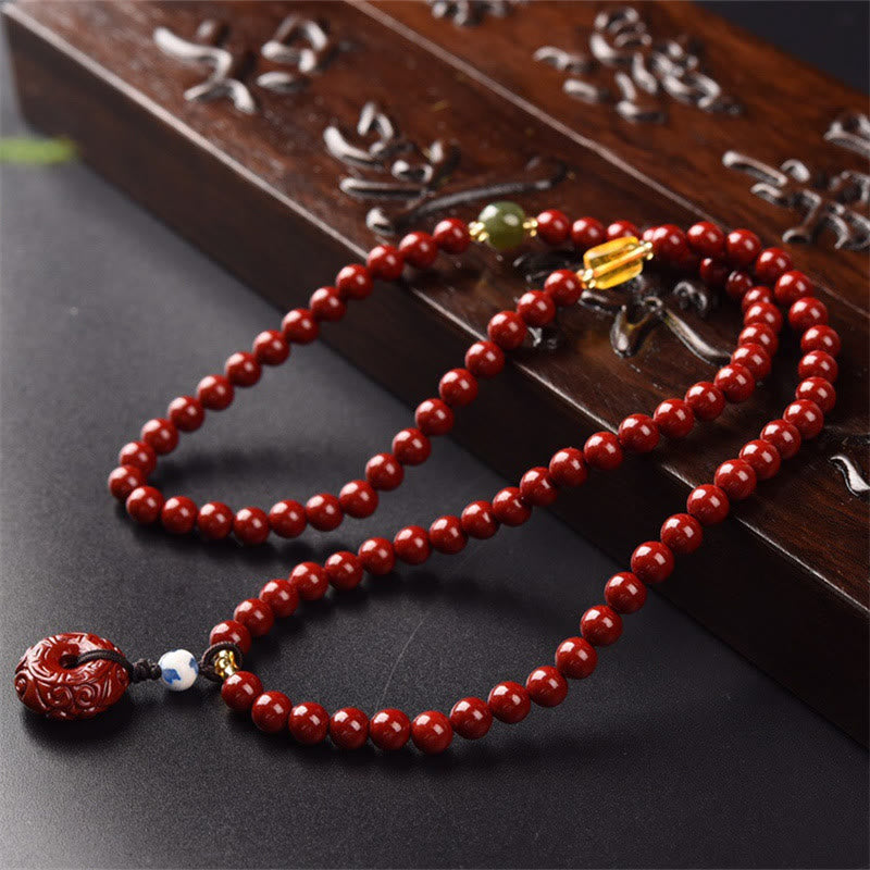 Buddha Stones Tibetan Cinnabar Peace Buckle Triple Wrap Blessing Bracelet Mala