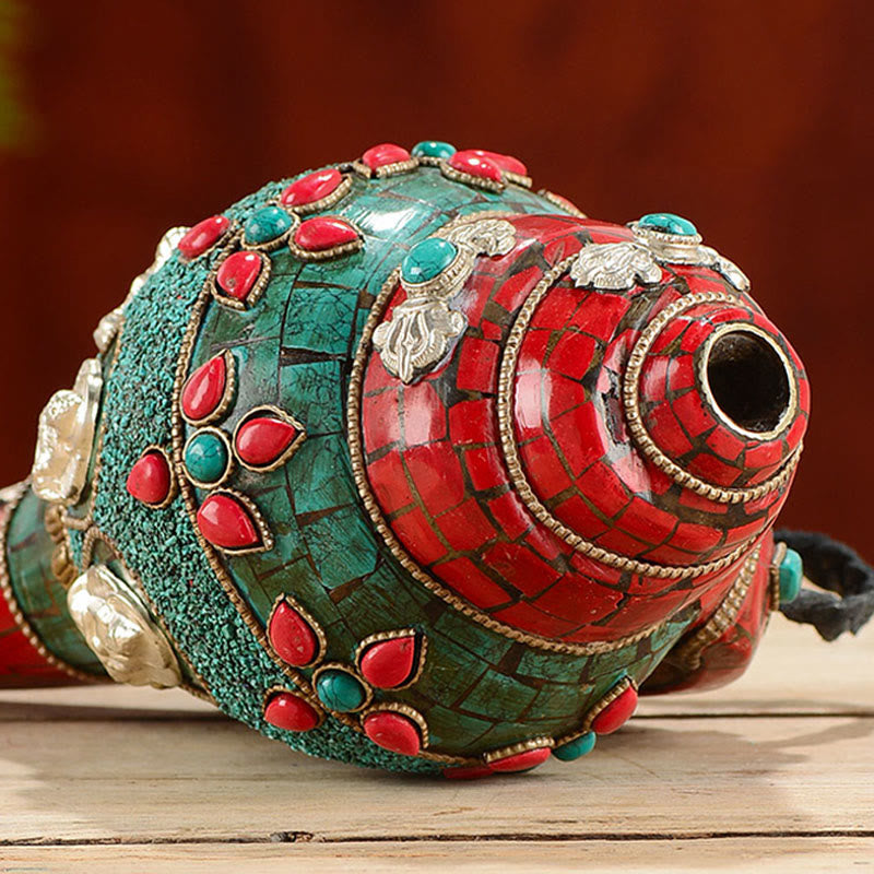 Buddha Stones Tibetan Handmade Shankha Om Mani Padme Hum Buddha Avalokitesvara Turquoise Conch Shell Positive Decoration