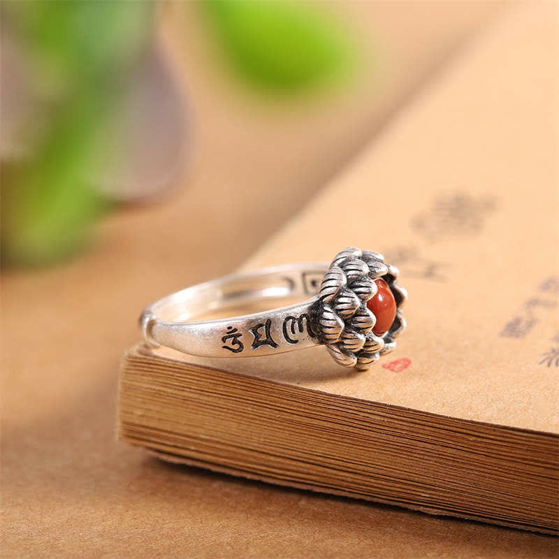 Buddha Stones925 Sterling Silver Lotus Red Agate Confidence Blessing Ring