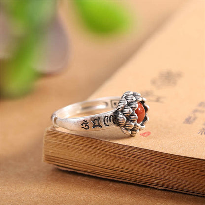 Buddha Stones925 Sterling Silver Lotus Red Agate Confidence Blessing Ring