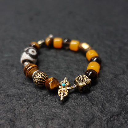 Protective Energy Three-Eyed Dzi Bead Bracelet Tibetan Vajra Silver Talisman