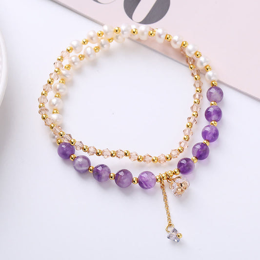 Buddha Stones Natural Amethyst Aquamarine Strawberry Quartz Pearl Peace Healing Double Wrap Bracelet