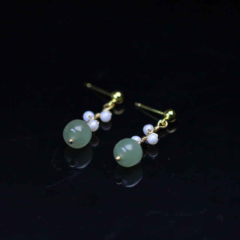 Buddha Stones Hetian Jade Flower Pattern 14K Gold Plated Luck Drop Dangle Earrings