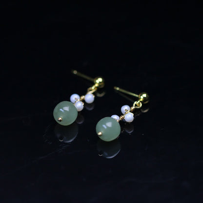 Buddha Stones Hetian Jade Flower Pattern 14K Gold Plated Luck Drop Dangle Earrings
