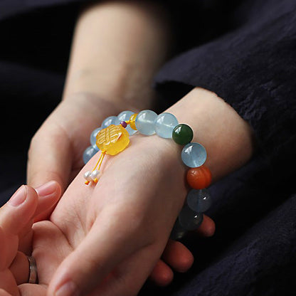 Buddha Stones Natural Aquamarine Amber Chinese Knotting Charm Peace Bracelet