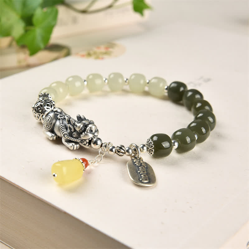 Buddha Stones 925 Sterling Silver Natural Hetian Jade Amber PiXiu Luck Bracelet