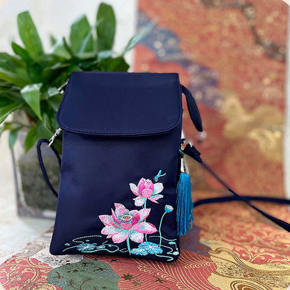 Buddha Stones Waterproof Handmade Embroidered Lotus Flowers Crossbody Bag Shoulder Bag Cellphone Bag