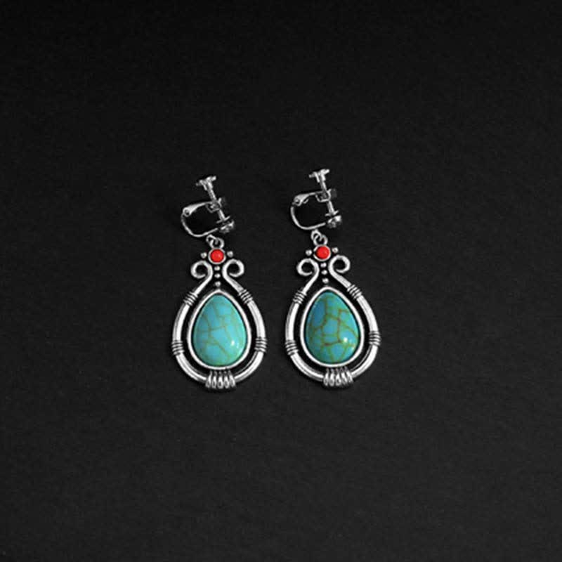 Buddha Stones Tibet Vintage Turquoise Waterdrop Strength Drop Dangle Earrings Clips