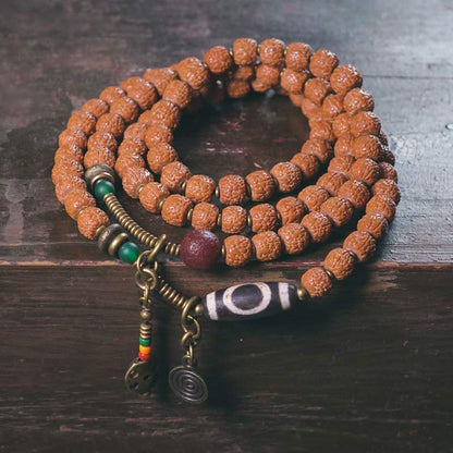 Buddha Stones 108 Mala Rudraksha Beads Bodhi Seed Dzi Bead Luck Auspiciousness Tassel Bracelet