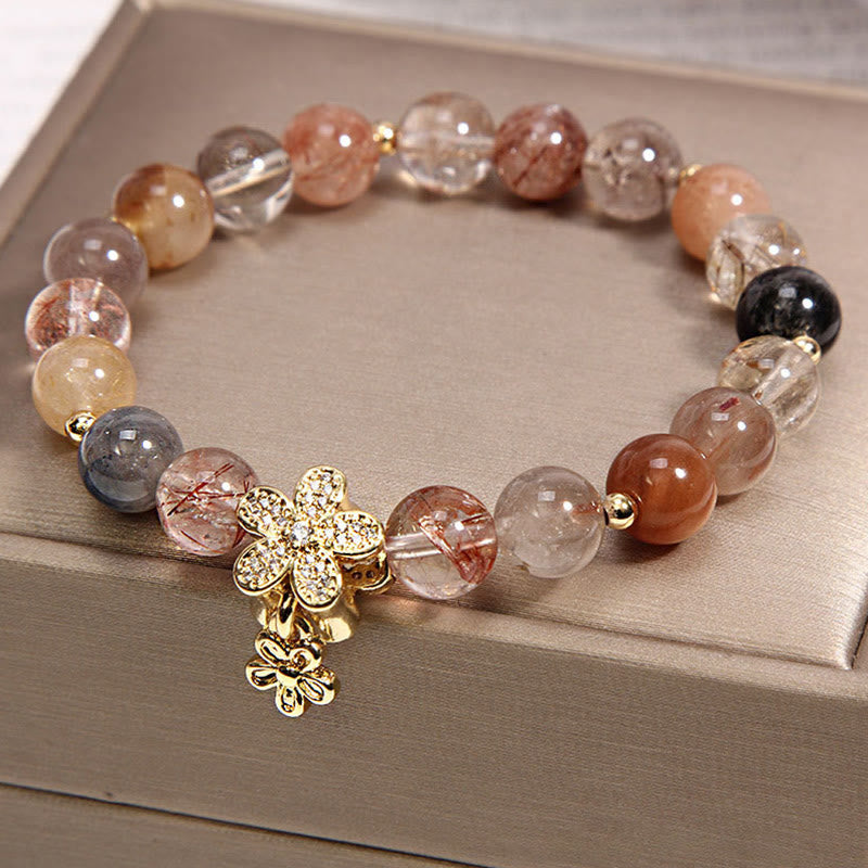 Buddha Stones Multicolored Rutilated Quartz Citrine Wealth Protection Flower Bracelet