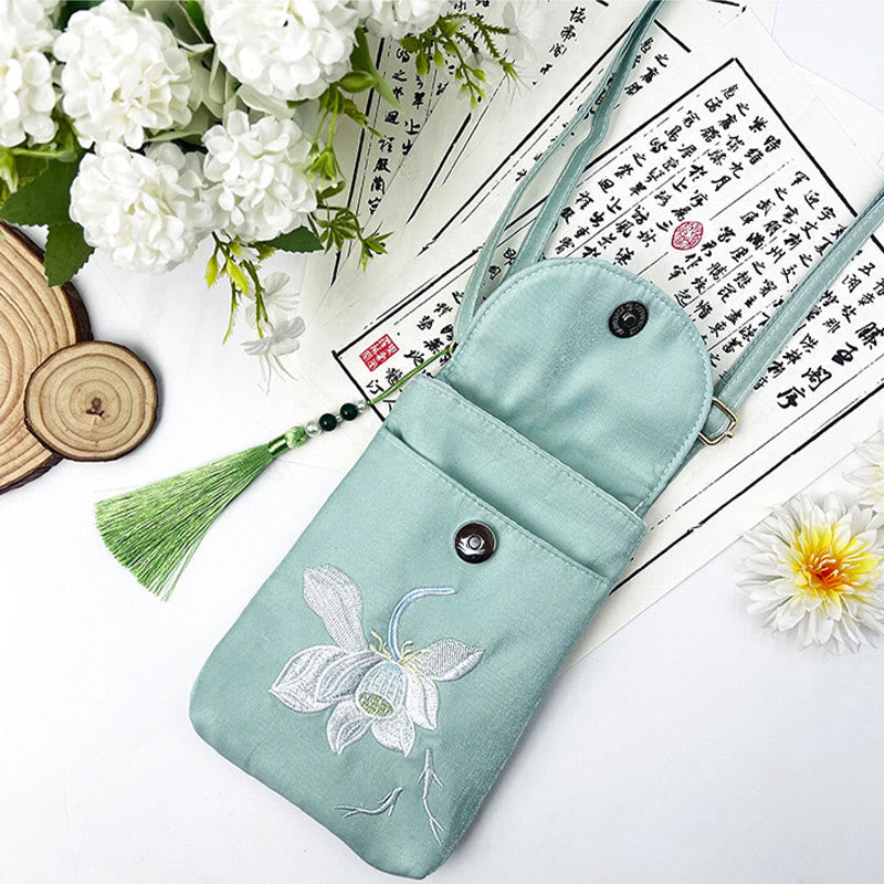 Buddha Stones Small Embroidered Flowers Crossbody Bag Shoulder Bag Double Layer Cellphone Bag