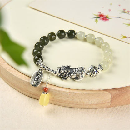 Buddha Stones 925 Sterling Silver Natural Hetian Jade Amber PiXiu Luck Bracelet
