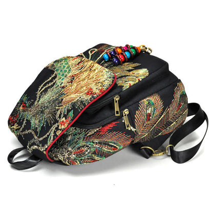 Buddha Stones Peacock Embroidery Canvas Tassel Backpack