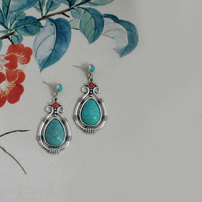 Buddha Stones Tibet Vintage Turquoise Waterdrop Strength Drop Dangle Earrings Clips