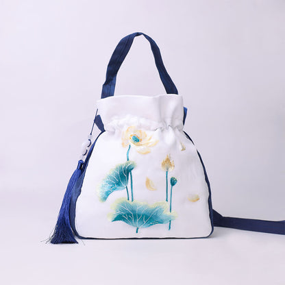 Buddha Stones Suzhou Embroidery Rabbit Lotus Epiphyllum Peony Magnolia Silk Tote Crossbody Bag Shoulder Bag Handbag