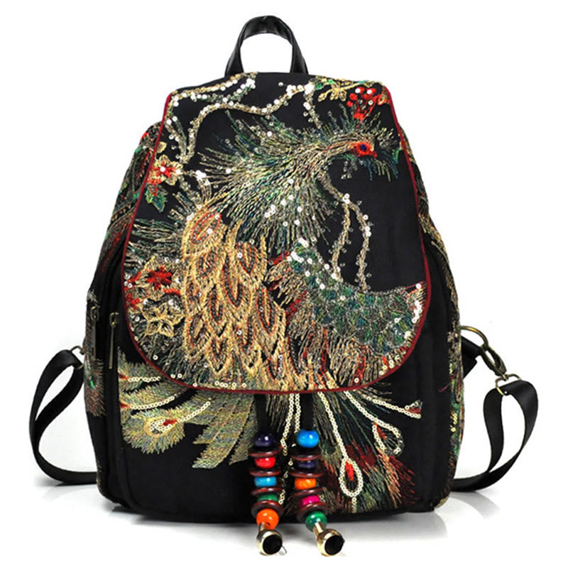 Buddha Stones Peacock Embroidery Canvas Tassel Backpack