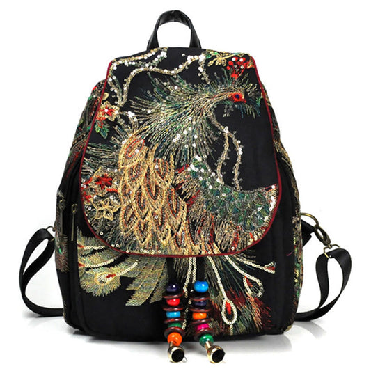 Buddha Stones Peacock Embroidery Canvas Tassel Backpack